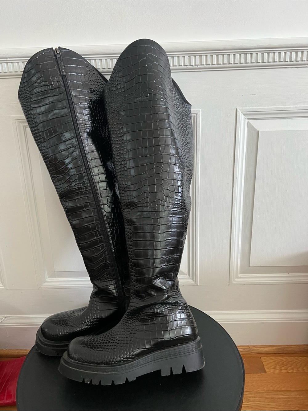 Jennifer Le Caiman Croc-Embossed Black Leather High Boots